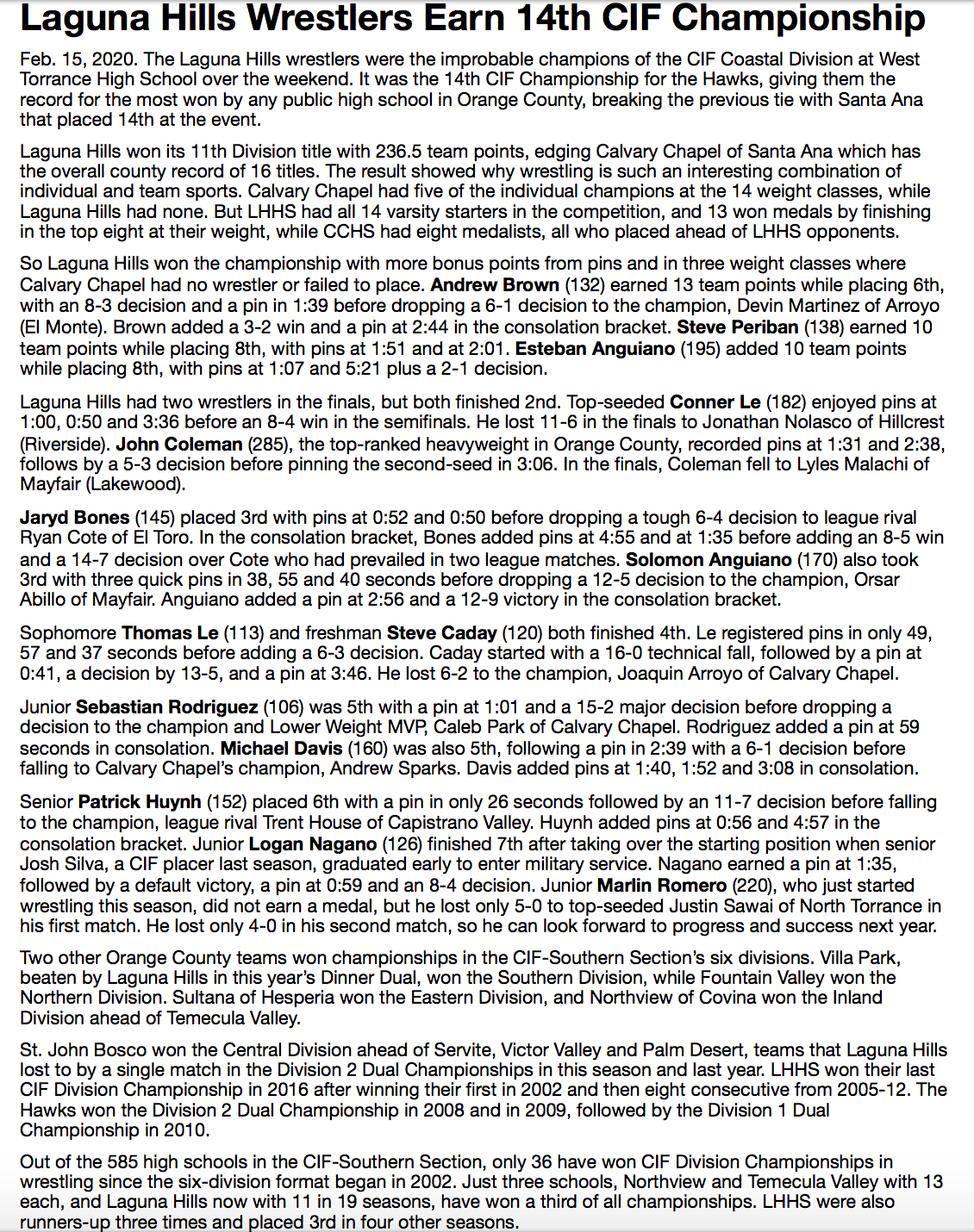 CIF CHAMPIONS!!! Hawk Wrestling